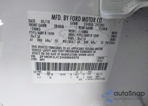 2010 Ford Edge Sel из США, поврежденный, VIN 2FMDK3JC2ABB65579